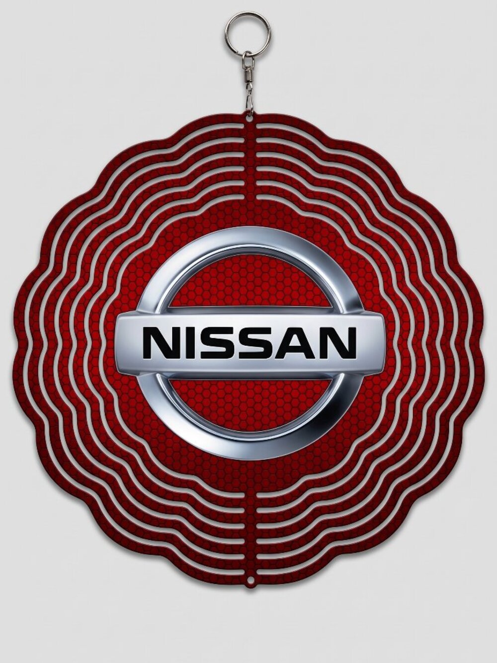 10" Nissan Logo Kinetic Wind Spinner - Red Honeycomb Metal Hanging Yard Decor